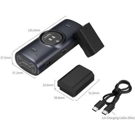 SmallRig 5696 - zestaw, przenośna dwukanałowa ładowarka (typu etui), 2x akumulator Sony NP-FZ100 - wymiary i zawartość zestawu